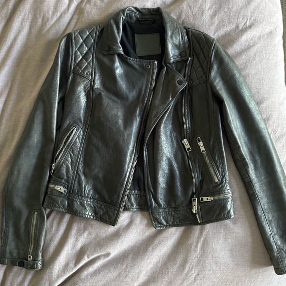 All Saints Black Cargo Distressed Leather Biker Jacket